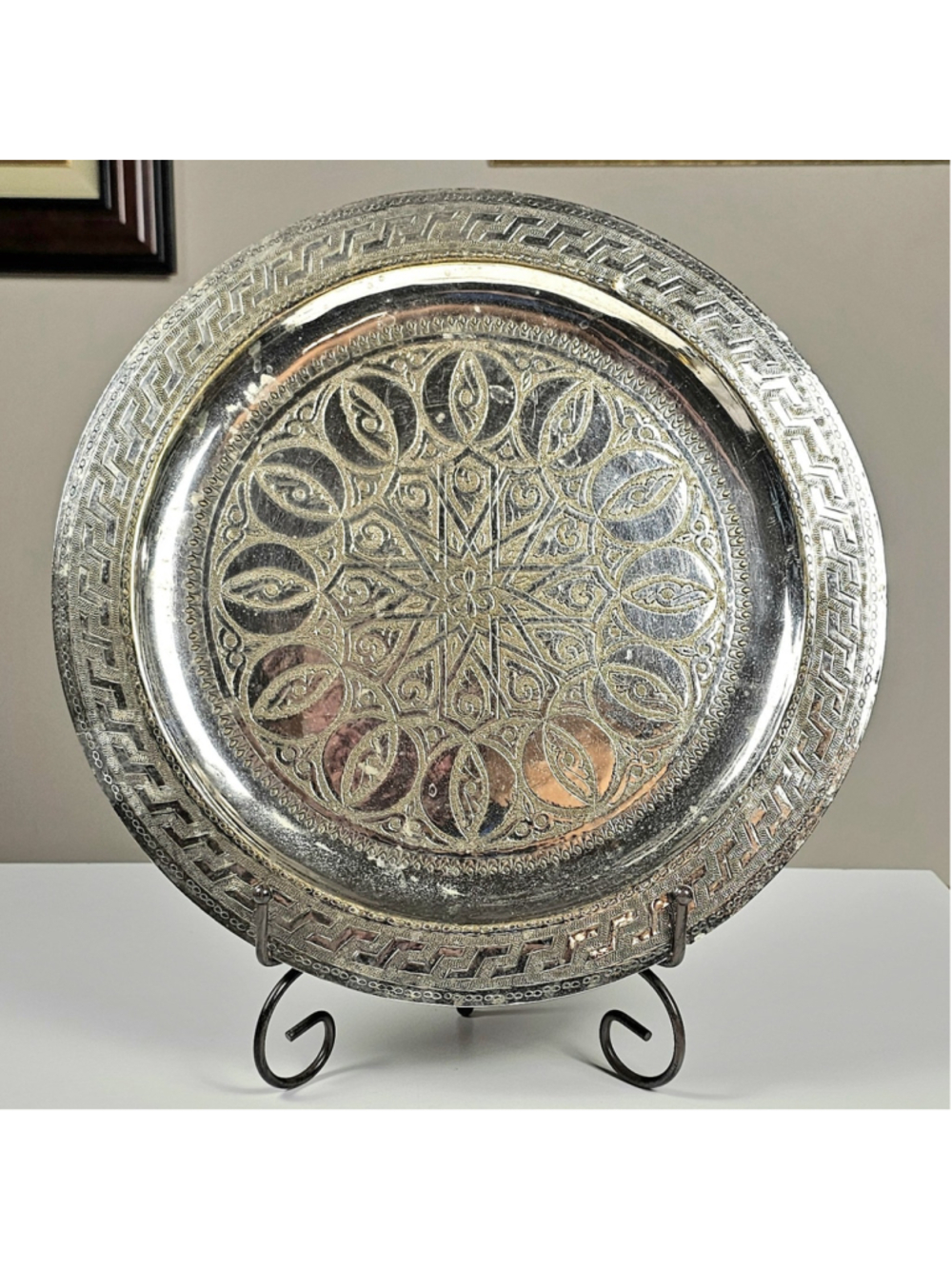 Vintage Moroccan Tea Tray Silver Plated Hand Engraved Geometric 13.5" Platter